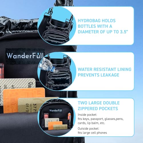 WanderFull Original Crossbody HydroBag | Quilted Water Bottle Carrier | Puffer Tote Tumbler Holder with Pockets for Purse, Phone & Accessories | Carry Travel Essentials (Black Glossy/Black Strap)