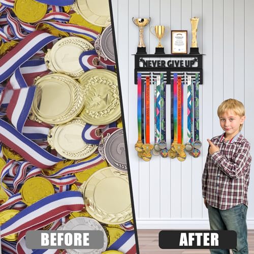 Takytao Medal Hanger Display with Trophy Shelf, Upgraded Sports Medal Holder Trophy Display Shelf Ribbon Holder Simple Wall Hanger with Motivational Words for Athletes and Youth