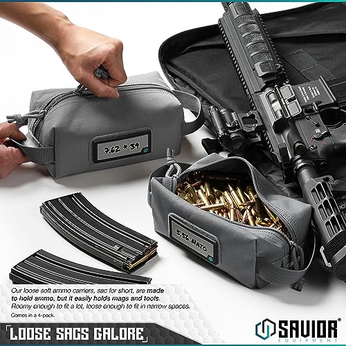 Savior Equipment Loose Sacs 4-Pack Tactical Ammo Pouch Firearm Ammunition Carrier Bag, ID Patches Included, Tan
