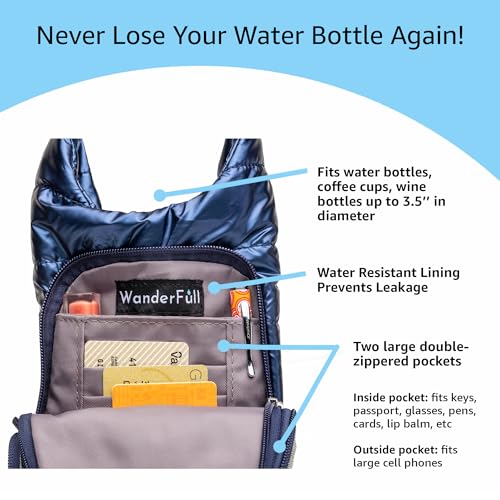 WanderFull Original Crossbody HydroBag | Quilted Water Bottle Carrier | Puffer Tote Tumbler Holder with Pockets for Purse, Phone & Accessories | Carry Travel Essentials (Navy Shiny & Solid Strap)