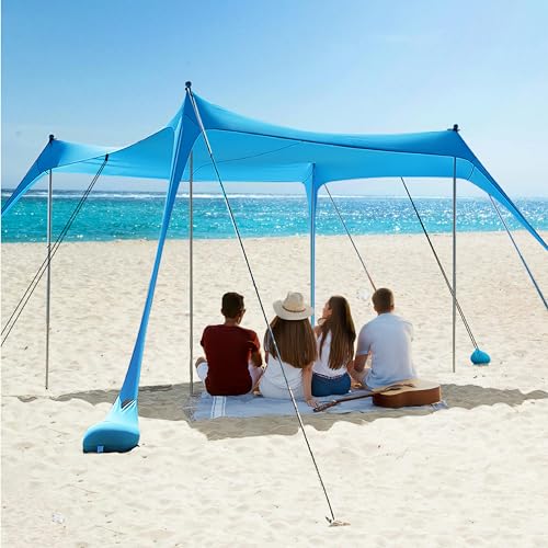 Beach Shade Tent,Beach Canopy,Beach Tent Sun Shelter | UPF50+ Pop Up Beach Tent,Beach Umbrella with 6 Sandbags and 4 Aluminum Poles, Beach Shade for Camping, Backyard Fun or Picnics (Blue10*10FT)