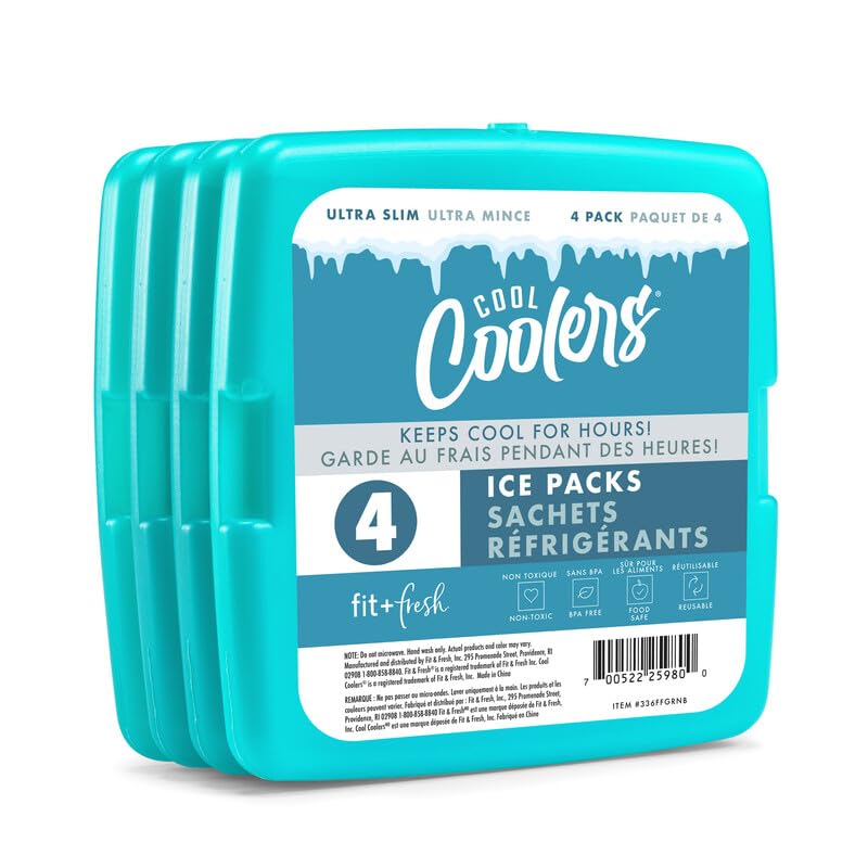 Cool Coolers by Fit + Fresh, Reusable & Long-Lasting Slim Ice Packs, Cold Packs for Lunch Boxes, Ice Packs for Lunch Bags, Green 8 Pack