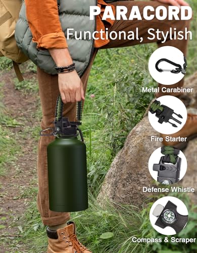64oz Insulated Water Bottle with Straw & Auto Spout Lid - (Cold 48H & Hot 24H) Half Gallon Stainless Steel Water Jug with Paracord Handle, Metal Tactical Military Water Flask with Carrier Strap Bag