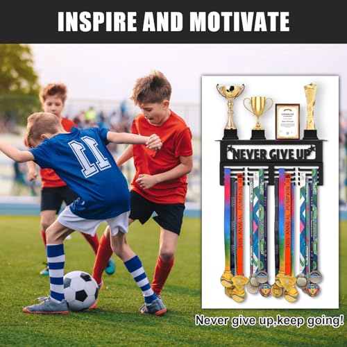 Takytao Medal Hanger Display with Trophy Shelf, Upgraded Sports Medal Holder Trophy Display Shelf Ribbon Holder Simple Wall Hanger with Motivational Words for Athletes and Youth