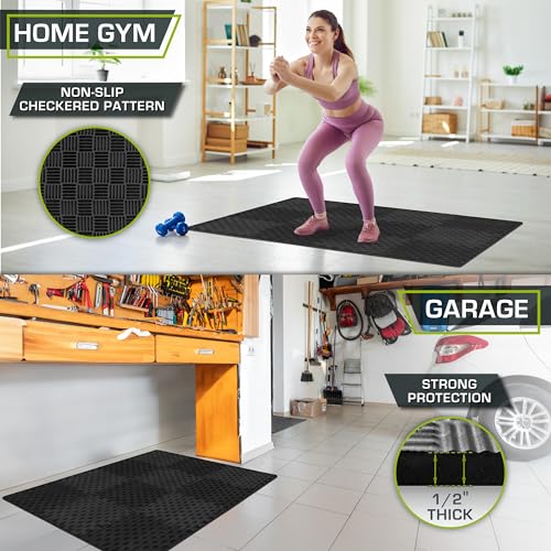 ProsourceFit Exercise Puzzle Mat 1-in, Checkered EVA Foam Floor Tiles w/Non-Slip Texture, Gym Mat w/Interlocking Foam Tiles for Adjustable Surface, Shock Absorbing, Waterproof Gym Flooring, Black