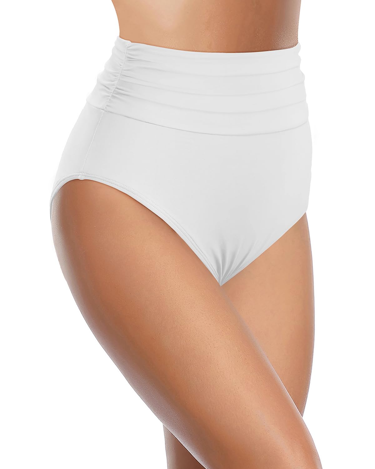 Zmart Women's High Waisted Bikini Bottoms Ruched Tummy Control Bathing Suit Bottom Full Coverage Swimsuit White L