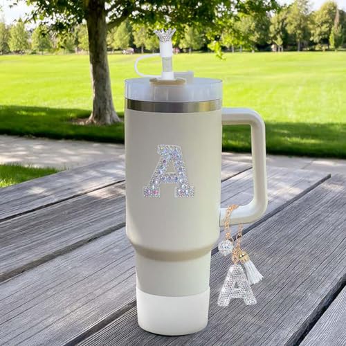 Letter Charms for Stanley Cup Handle,Silicone Boot Accessories Charms for Stanley Cup 40oz 30oz,Crown Straw Cover Topper & Diamond Sticker(W)