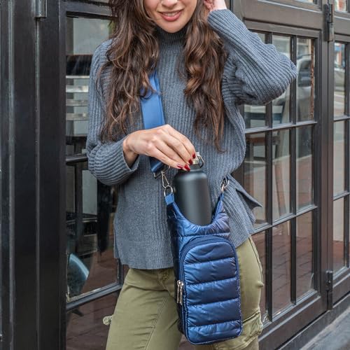 WanderFull Original Crossbody HydroBag | Quilted Water Bottle Carrier | Puffer Tote Tumbler Holder with Pockets for Purse, Phone & Accessories | Carry Travel Essentials (Navy Shiny & Solid Strap)