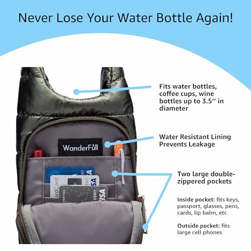 WanderFull Original Crossbody HydroBag | Quilted Water Bottle Carrier | Puffer Tote Tumbler Holder with Pockets for Purse, Phone & Accessories | Carry Travel Essentials (Army Green)