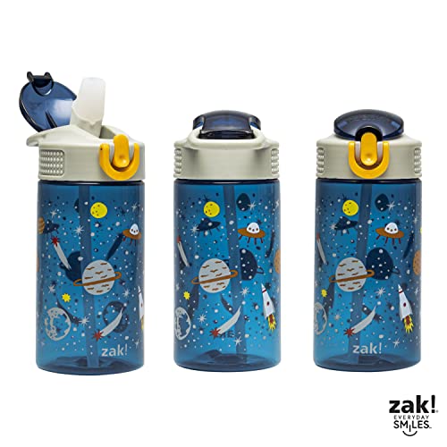Zak Designs Kids Water Bottle For School or Travel, 16oz Durable Plastic Water Bottle With Straw, Handle, and Leak-Proof, Pop-Up Spout Cover (Space)