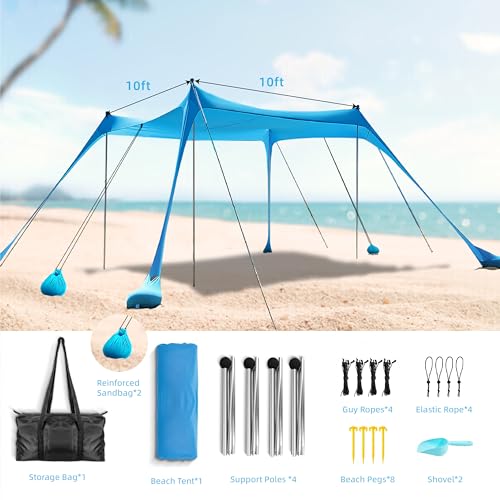 Beach Shade Tent,Beach Canopy,Beach Tent Sun Shelter | UPF50+ Pop Up Beach Tent,Beach Umbrella with 6 Sandbags and 4 Aluminum Poles, Beach Shade for Camping, Backyard Fun or Picnics (Blue10*10FT)