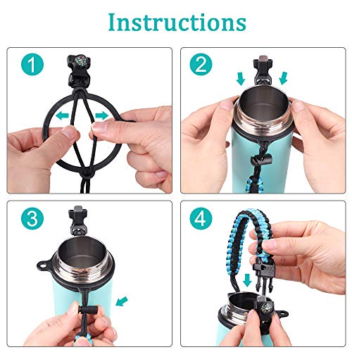 Paracord Handle - Fits Wide Mouth Bottles 12oz to 64oz - Durable Carrier, Paracord Carrier Strap Cord with Safety Ring,Compass and Carabiner - Ideal Water Bottle Handle Strap (Orange Fire)