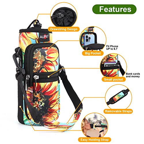 AUPET Water Bottle Sling Bag Sleeve Holder Carrier 25/32/40/64 oz,Insulated Crossbody Water Bottle Case Cover with Strap and Pockets for Men/Women Walking Hiking Camping (32oz, yellow leaves)