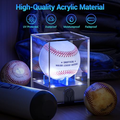 Leshein Baseball Display Case with Led Light, Light up Baseball Case for Display, Acrylic Baseball Holder Display Case, UV Protected Clear Baseball Stand Baseball Cube for Memorabilia Baseball Golf