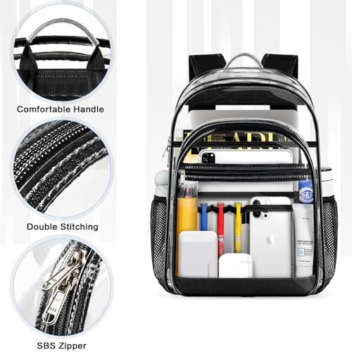 GEAMSAM Clear Backpack, Heavy Duty Large Transparent Backpack with Reinforced Straps, See Through Book Bag for College, Travel, Work Security - Black