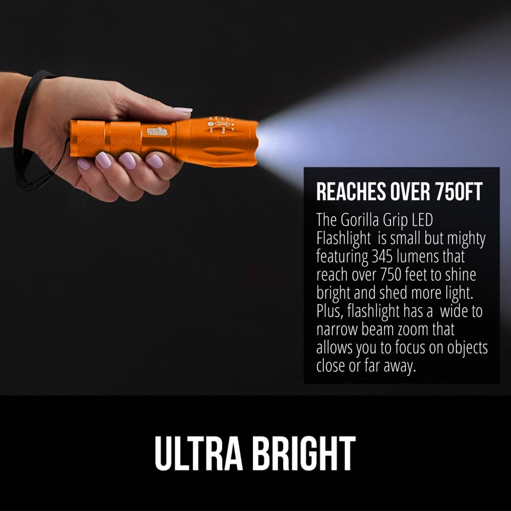 Gorilla Grip Powerful LED 750 FT Water Resistant 5 Adjustable Mode Tactical Flashlight, High Lumens Ultra Bright Battery Life Zoom Flashlights, Small Camping Car Mini Flash Light Accessories, Orange