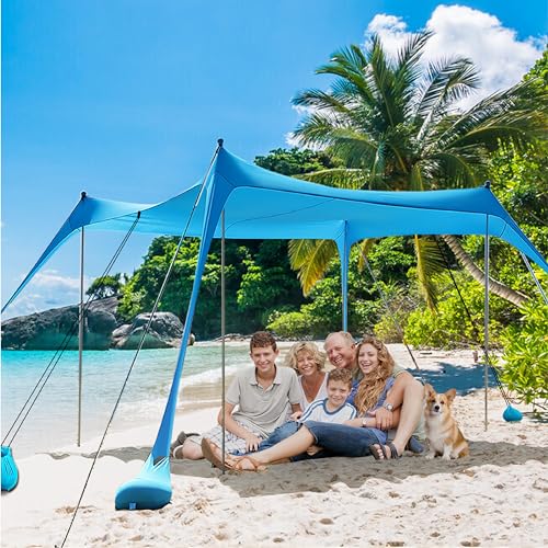 Beach Shade Tent,Beach Canopy,Beach Tent Sun Shelter | UPF50+ Pop Up Beach Tent,Beach Umbrella with 6 Sandbags and 4 Aluminum Poles, Beach Shade for Camping, Backyard Fun or Picnics (Blue10*10FT)