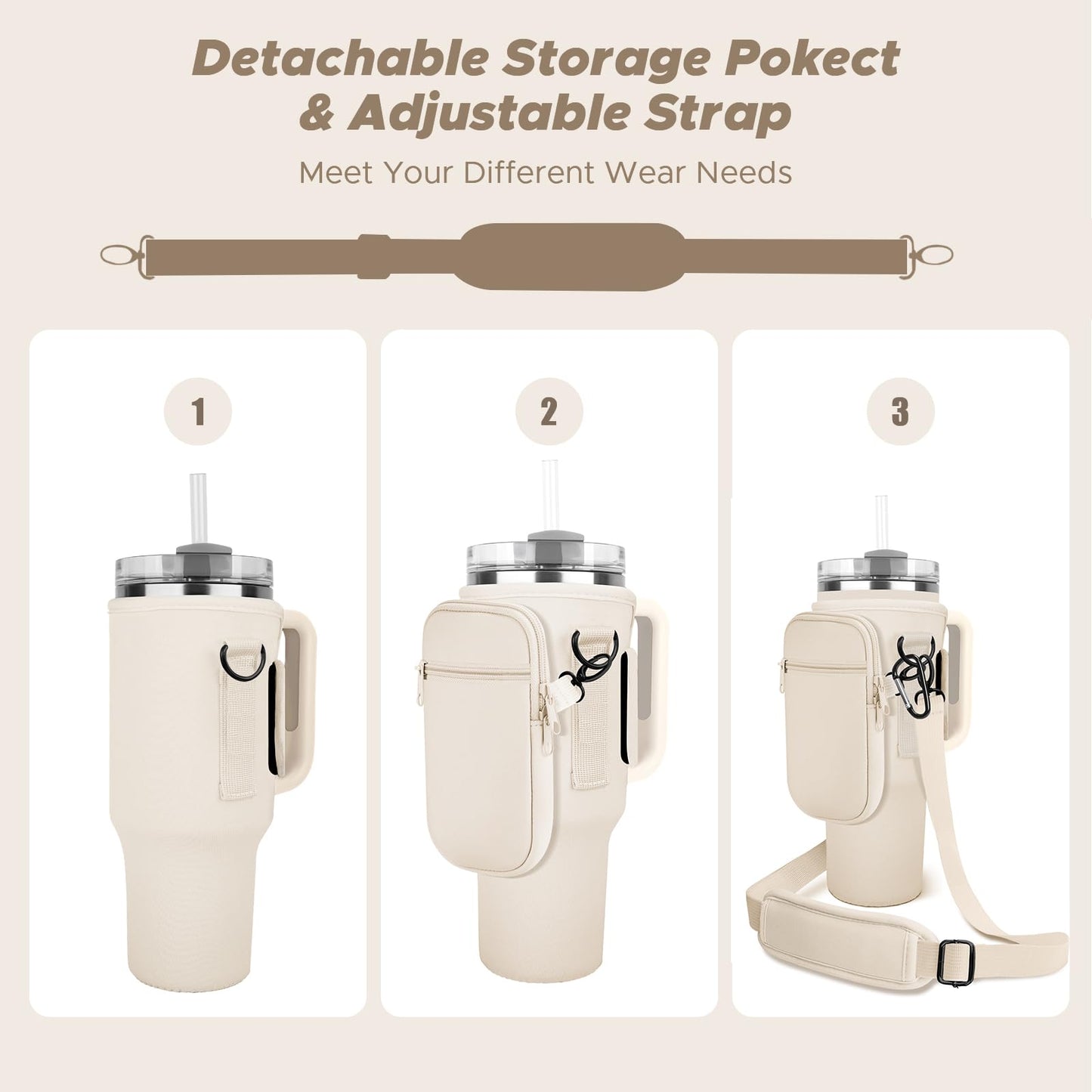 Watter Bottle Carrier Bag with Detachable Pocket Compatible with Stanley& Simple Morden 40oz Tumbler with Handle,Water Cup Holder with Adjustable Shoulder Strap& Carabiner for Stanley Cup Accessories
