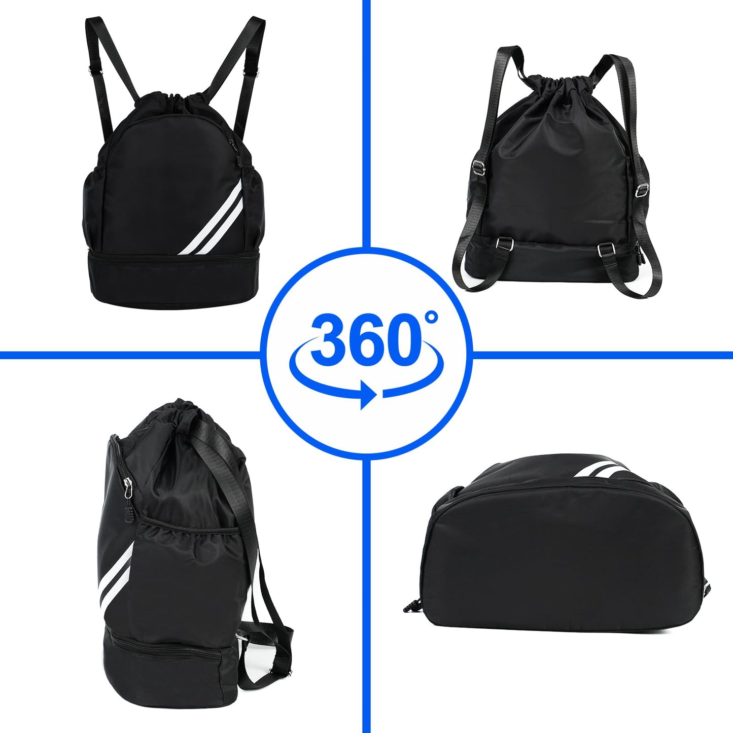 WUHFFA Drawstring Backpack Sports Gym Bag with Shoe Compartment Water Resistant Cinch String Bag for Women Men Soccer Travel (Black)