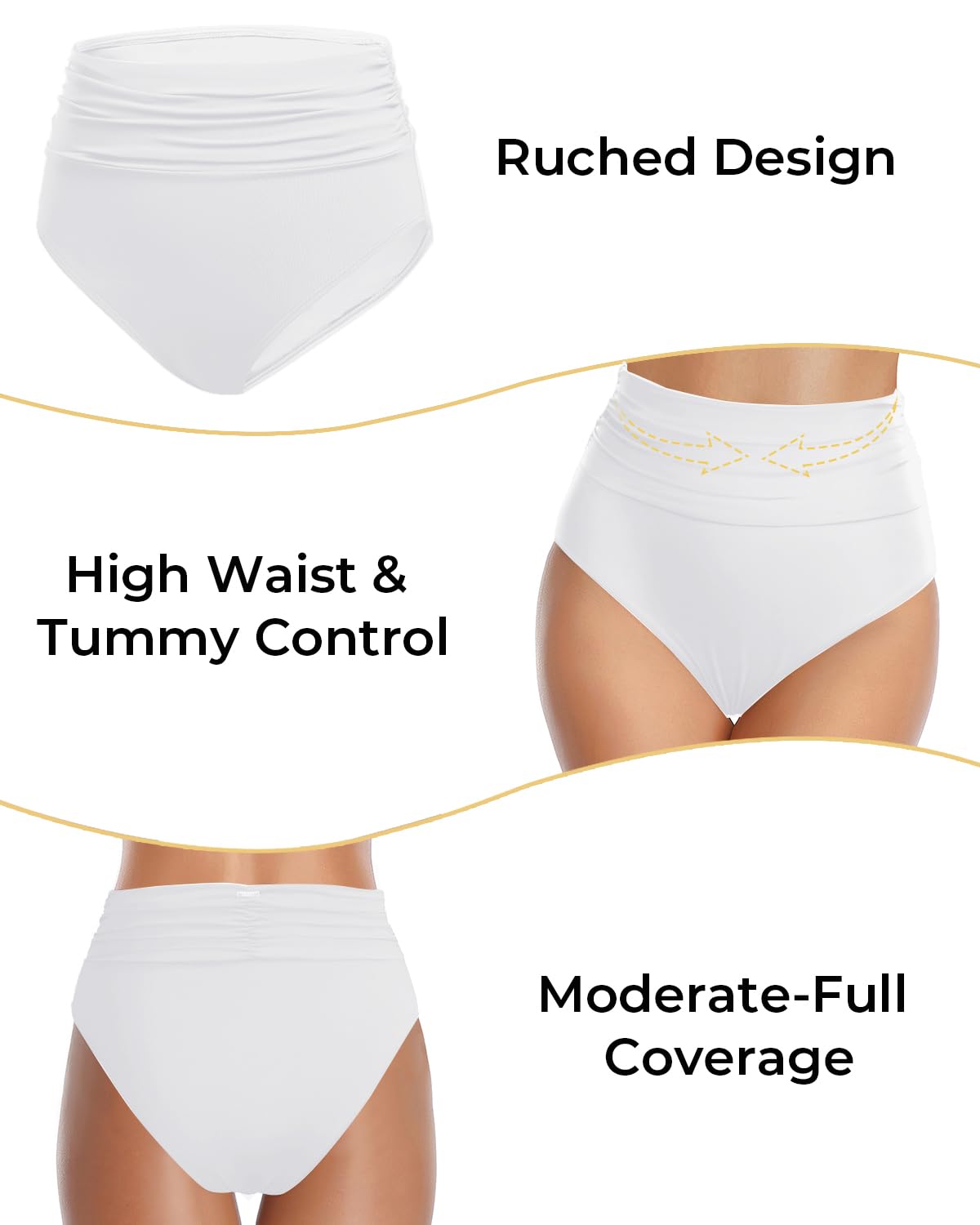 Zmart Women's High Waisted Bikini Bottoms Ruched Tummy Control Bathing Suit Bottom Full Coverage Swimsuit White L