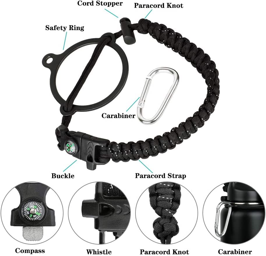 Paracord Handle - Fits Wide Mouth Bottles 12oz to 64oz - Durable Carrier, Paracord Carrier Strap Cord with Safety Ring,Compass and Carabiner - Ideal Water Bottle Handle Strap (Violet)