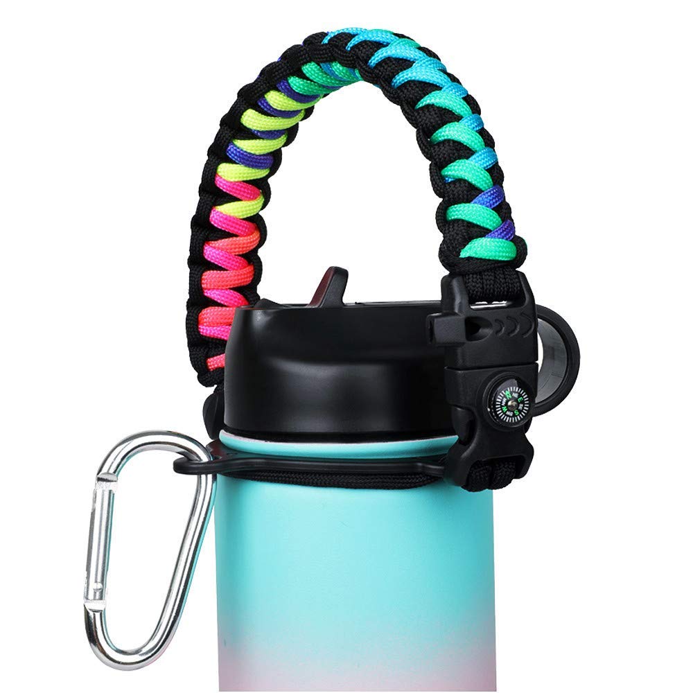 Paracord Handle - Fits Wide Mouth Bottles 12oz to 64oz - Durable Carrier, Paracord Carrier Strap Cord with Safety Ring,Compass and Carabiner - Ideal Water Bottle Handle Strap (Weave Rainbow)