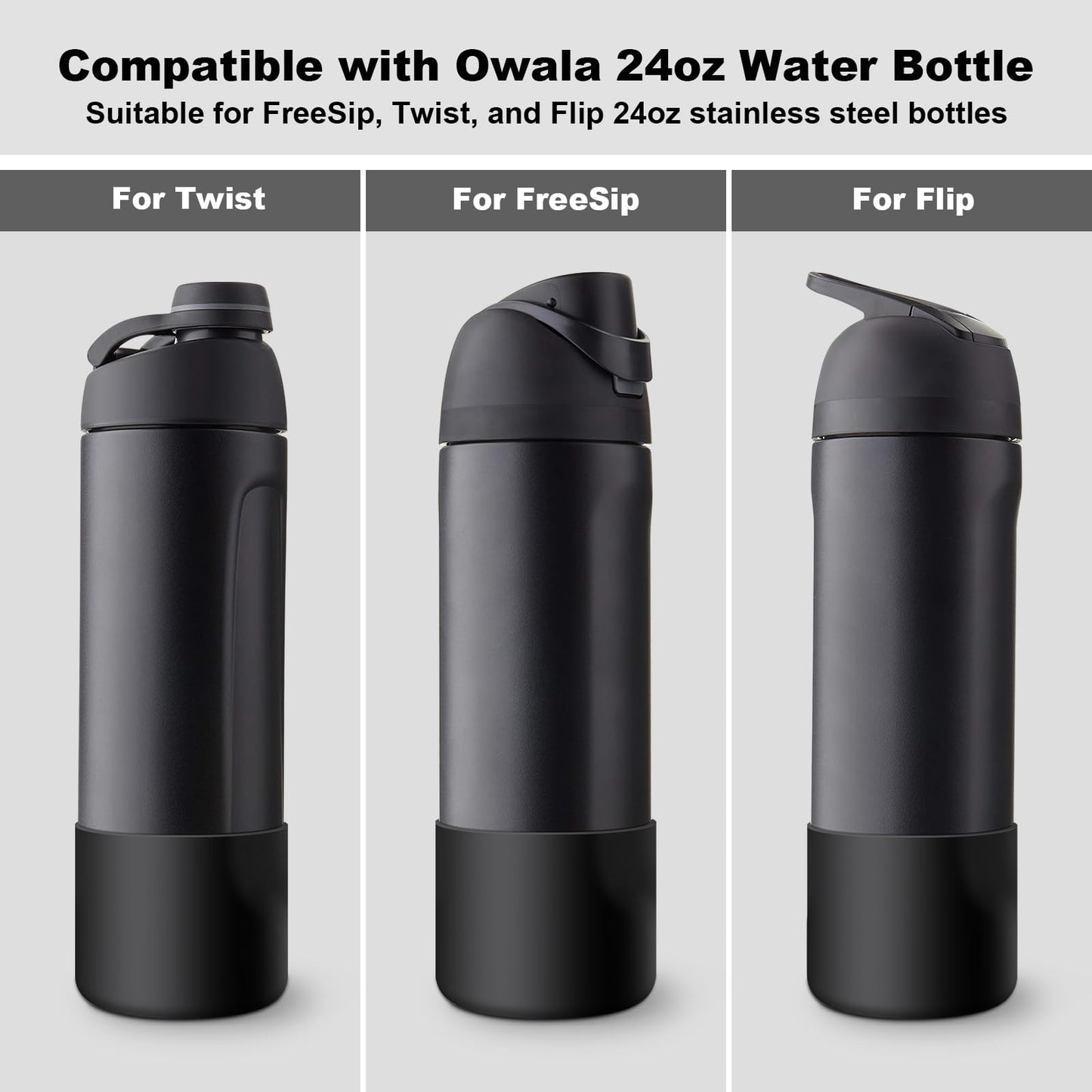 Comheral 2PCS Silicone Water Bottle Boot for Owala 24oz, Anti-Slip Protective Sleeve Bottom Bumper for FreeSip, Twist, and Flip Stainless Steel Bottles, Dishwasher Safe and BPA Free(Black)