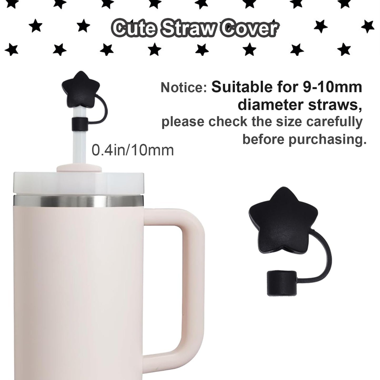 VirgoCCY 5PCS Stanley Cup Accessories Set 30&40 Oz, includes 1pcs 0.4in Straw Covers, 1 Water Bottle Handle Strap, 2 Cute Love Heart Chain Hanging Charms and 1 Silicone Boot, Black Star
