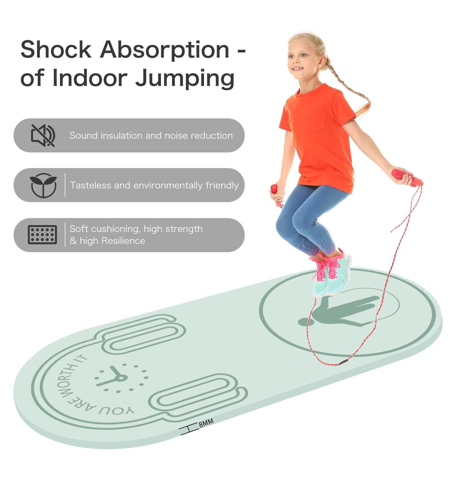 LERYG 8/20/30mm Jump Rope Mat Fitness Exercise Mat Durable, Non-Slip, Workout Mats with Jump Rope & Carrying Bag for Home Gym Flooring in Green((55"x 24")
