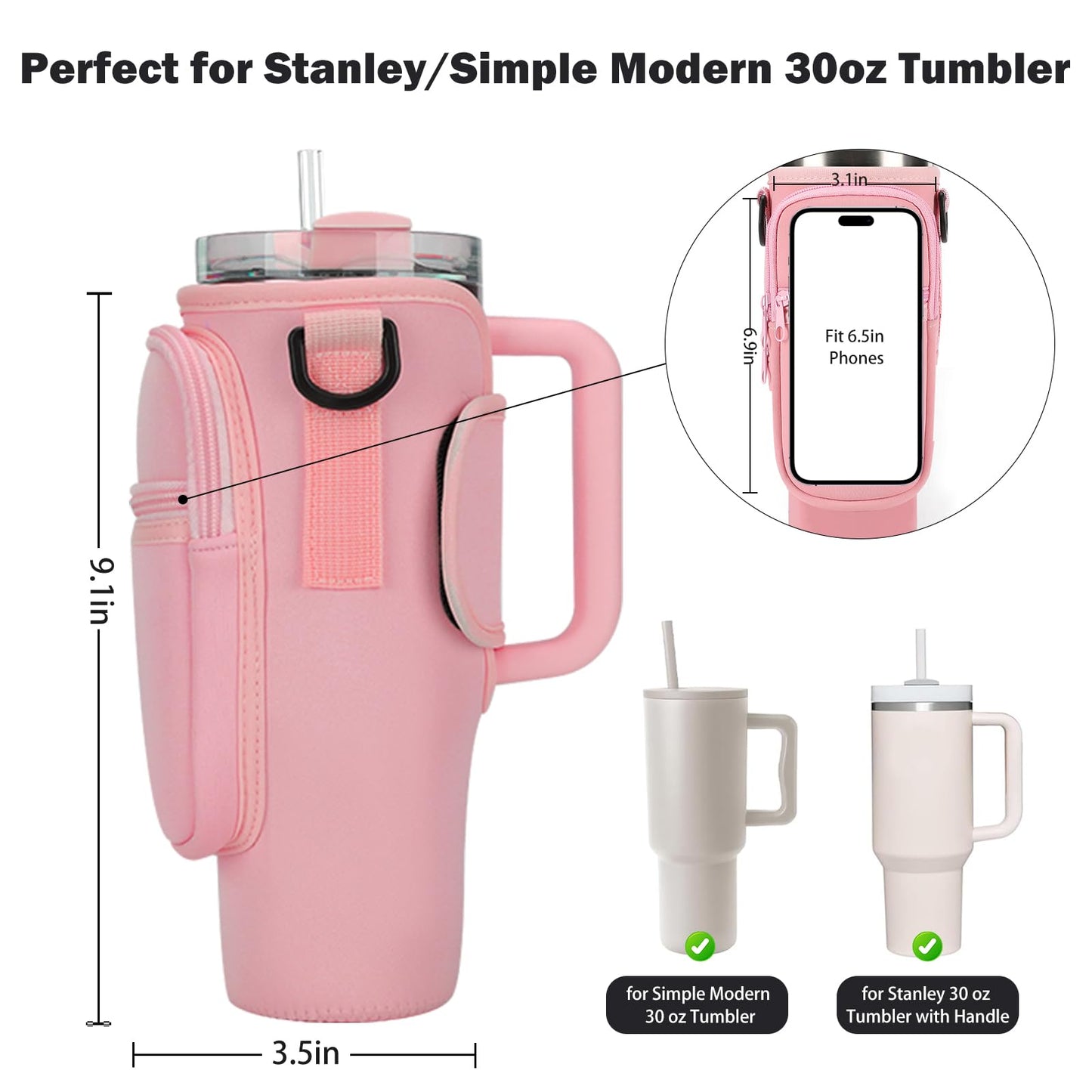 GOEWY Water Bottle Carrier Bag for Stanley 30oz Tumbler with Phone Pocket Water Bottle Holder with Strap Neoprene Water Bottle Pouch for Stanley Cup Accessories