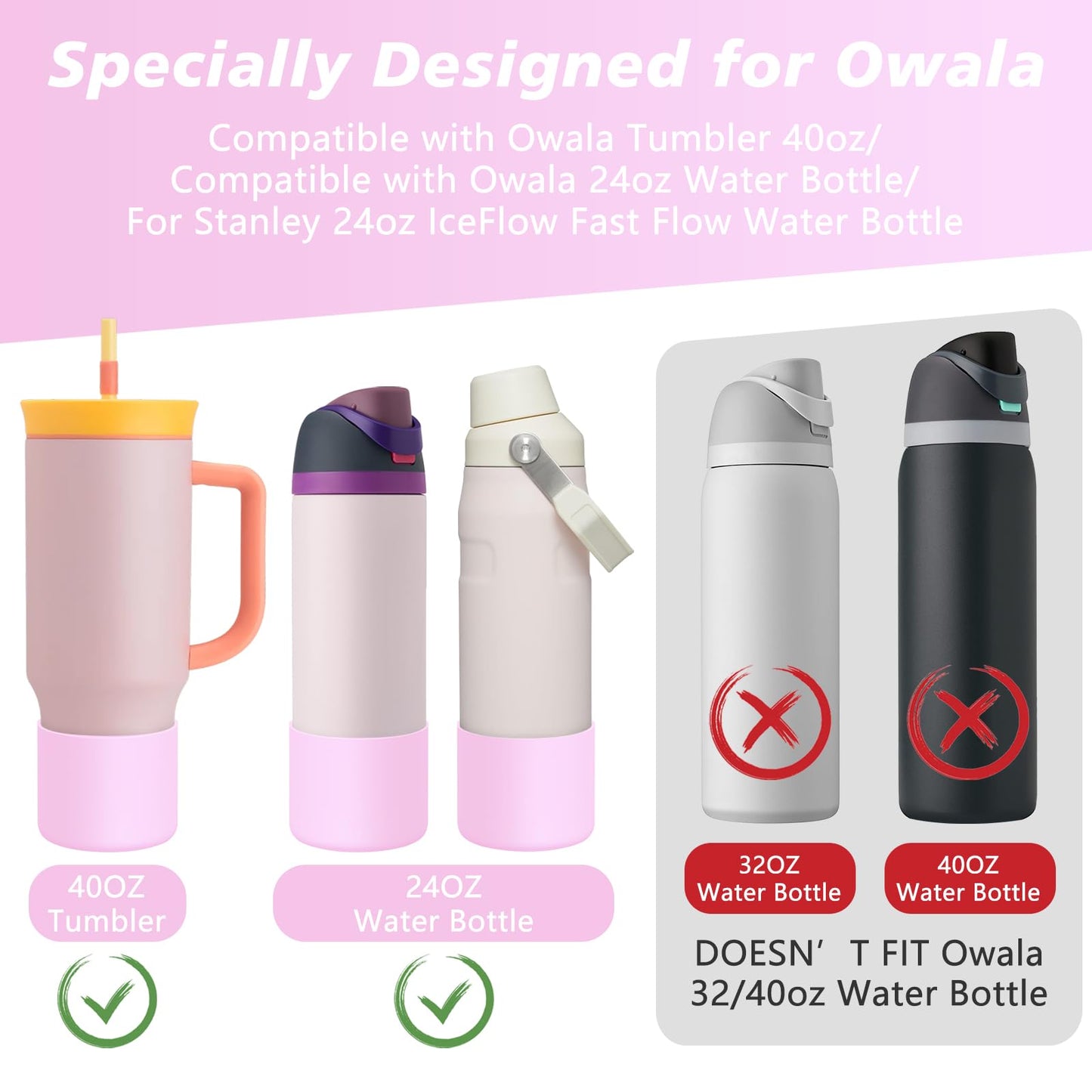 UBEEKOO Tall Silicone Boot for Owala Tumbler 40oz, for Owala FreeSip 24oz, Sleeve Cover for Stanley 24oz IceFlow Fast Flow Water Bottle, Anti-Slip Bottom Protective for Owala Accessories,LightPink