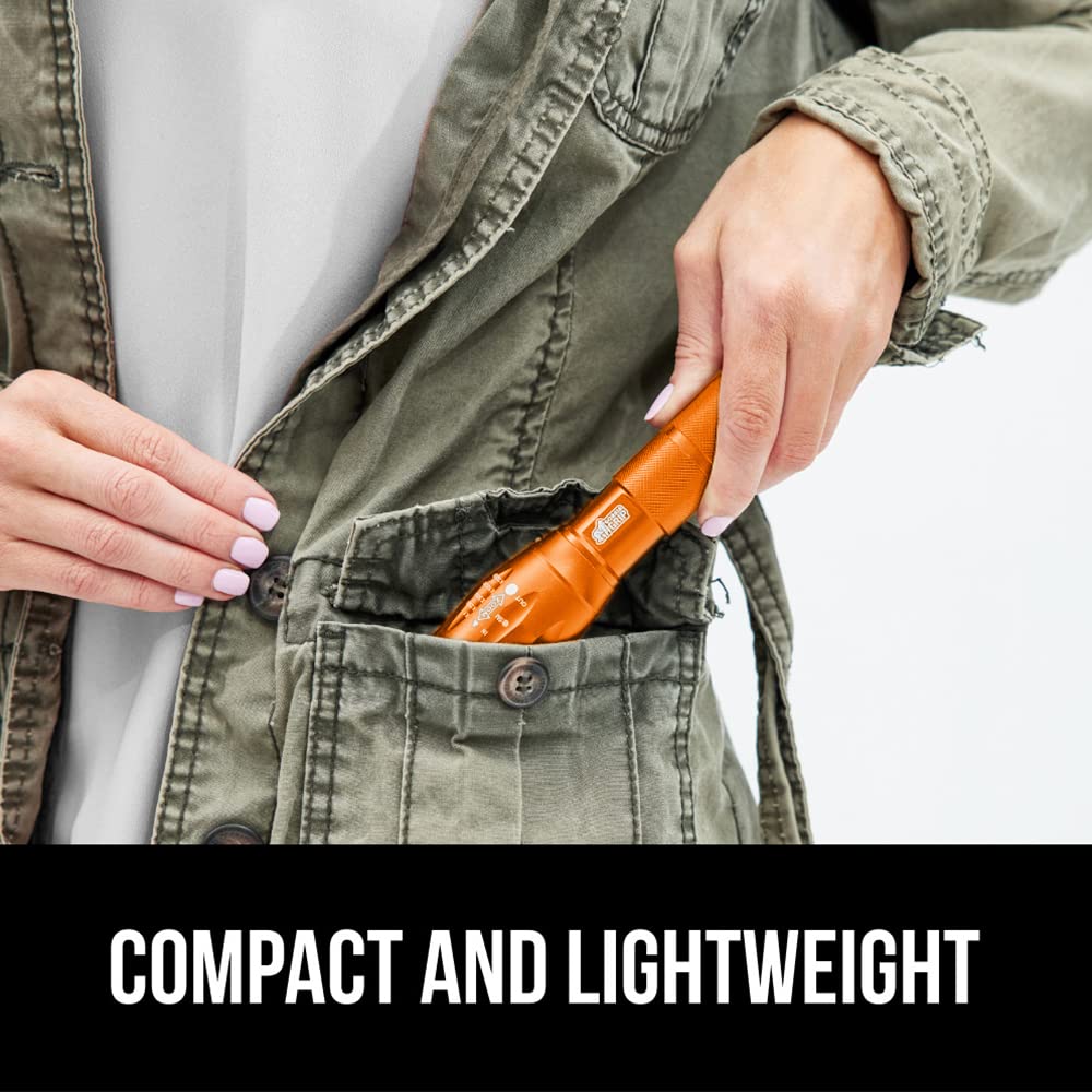 Gorilla Grip Powerful LED 750 FT Water Resistant 5 Adjustable Mode Tactical Flashlight, High Lumens Ultra Bright Battery Life Zoom Flashlights, Small Camping Car Mini Flash Light Accessories, Orange