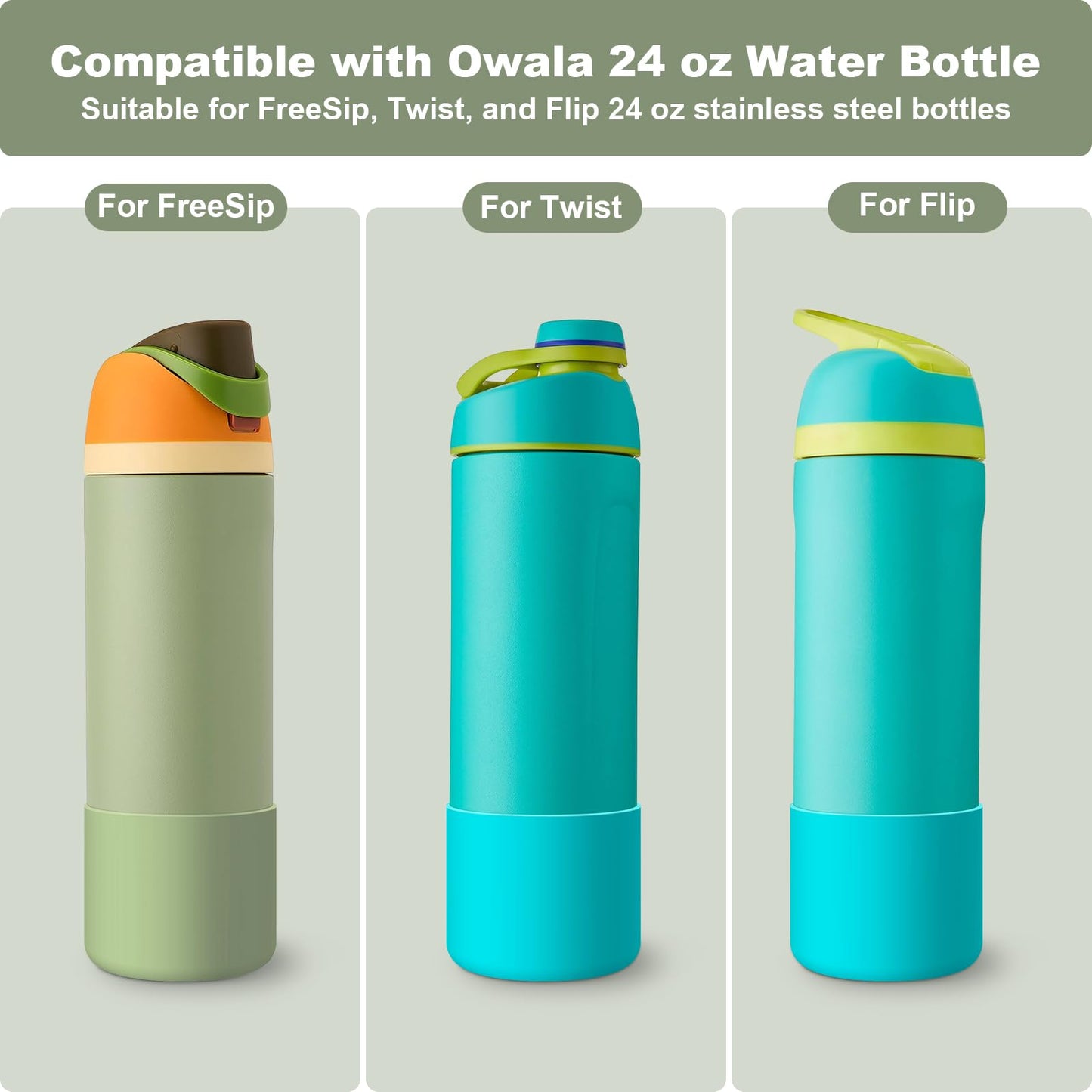 Alwenid 2PCS Silicone Water Bottle Boot for Owala 24 Oz, Anti-Slip Protective Sleeve Bottom Bumper Protector for FreeSip, Twist, and Flip Stainless Steel Water Bottles (Mint)