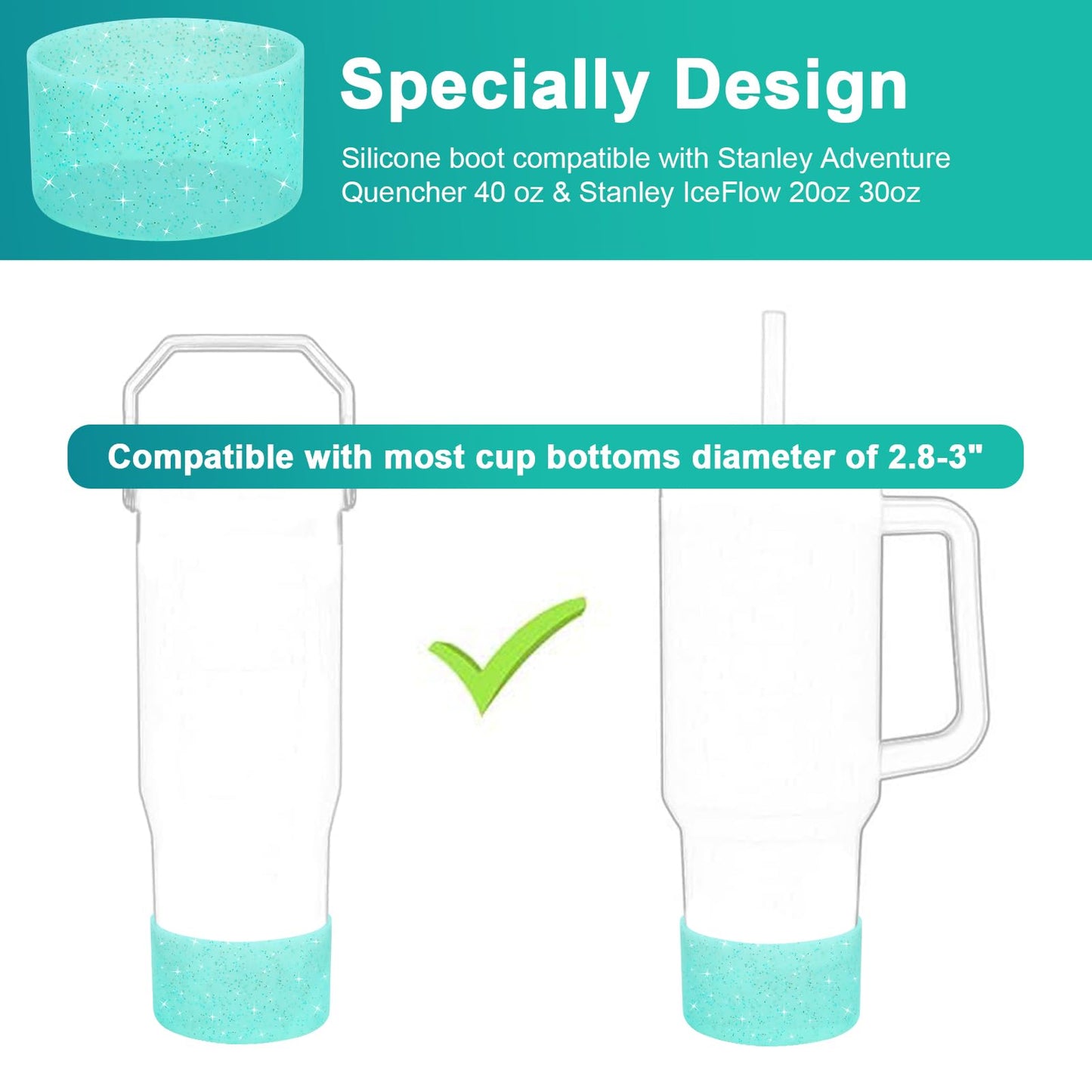 Silicone Cup Boot for 12oz - 40 oz Hydroflask &Stanley 40oz Protective Cup Bottom Sleeve Cover Compatible with Stanley Cup Accessories for All Water Bottles Bottom Diameter of 2.84-3in (Sparkle Blue)