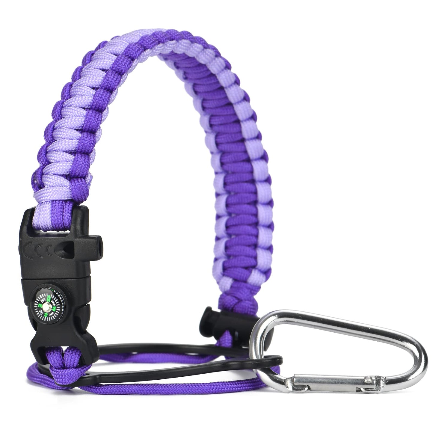 Paracord Handle - Fits Wide Mouth Bottles 12oz to 64oz - Durable Carrier, Paracord Carrier Strap Cord with Safety Ring,Compass and Carabiner - Ideal Water Bottle Handle Strap (Violet)