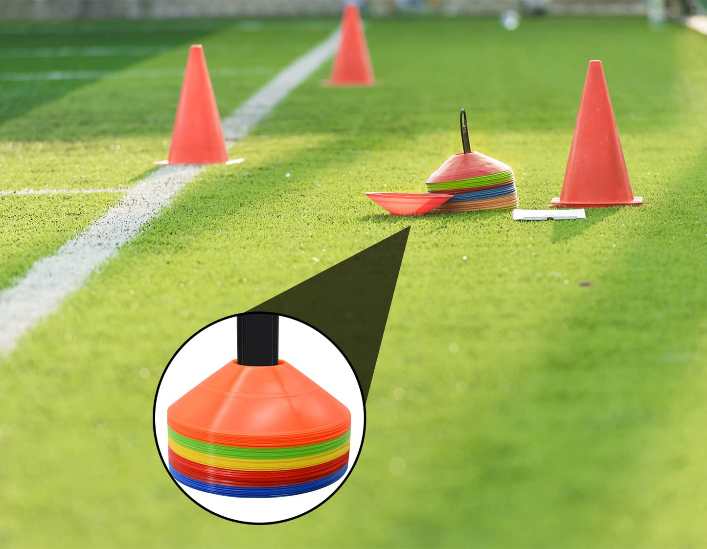 FGBNM 50 Pack Disc Cones, Agility Soccer Cones with Carry Bag and Holder, Soccer Cones for Sports Training, Football, Soccer, Basketball, Coaching, Practice Equipment, 5 Color (50 Pack)