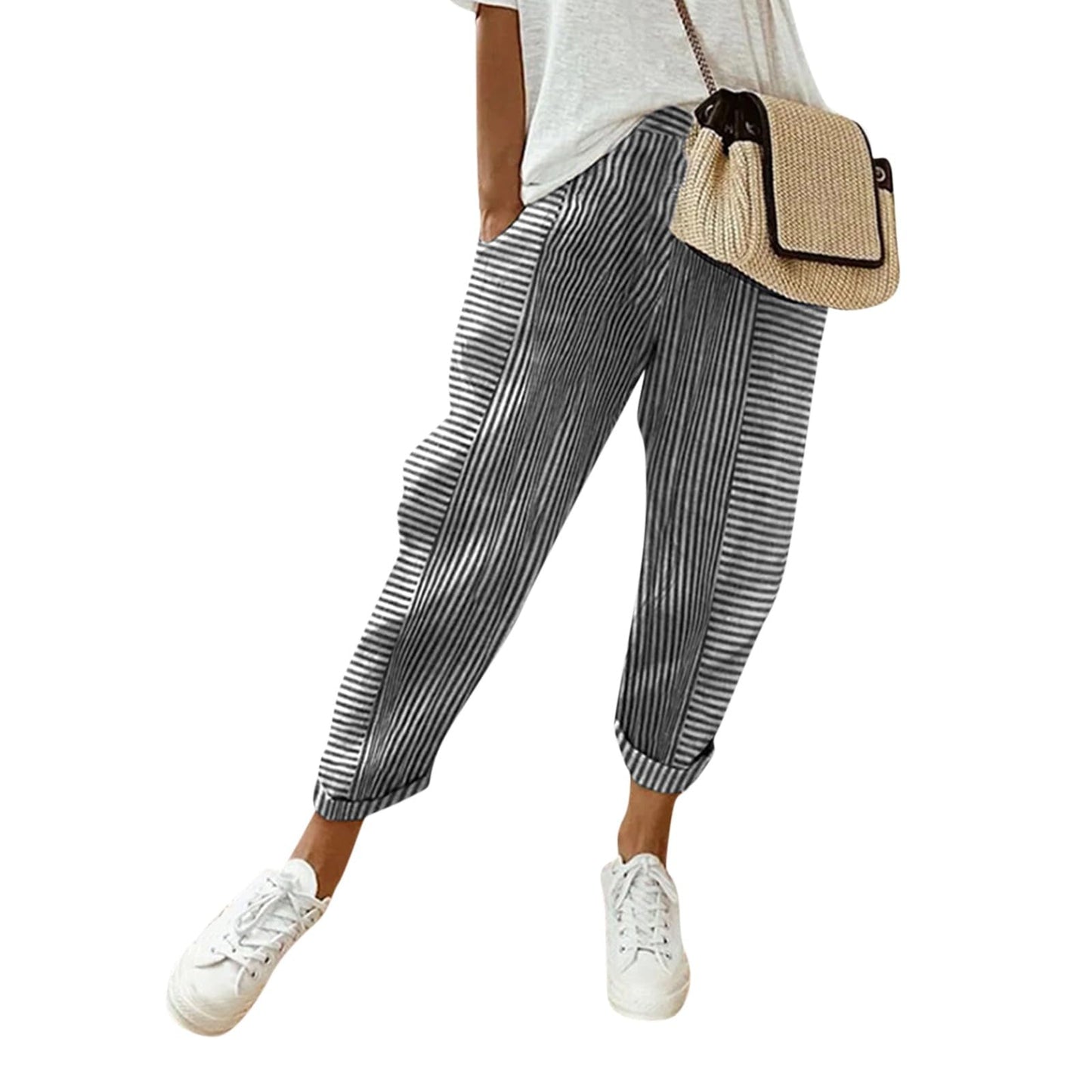 Generic ,Clothes for Women Pants for Women Trendy Womens Capris Summer Striped Linen High Waisted Baggy Trousers Pants Work Wide Legged Women Jogger Pants(Black,M), Medium