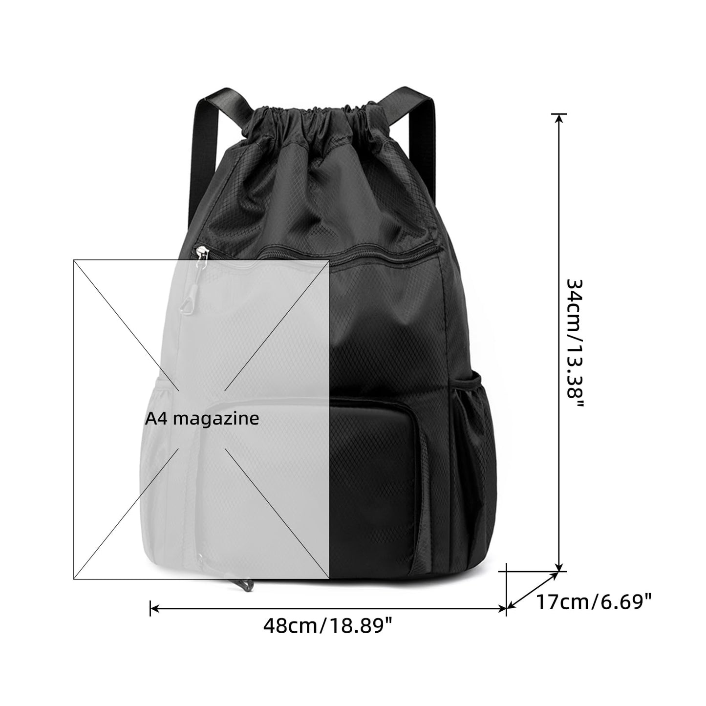 ChuLian Drawstring Backpack with Wet Pocket & Shoe Compartment, Water-Resistant Sports Gym Beach Swim String Bag for Women Men Black
