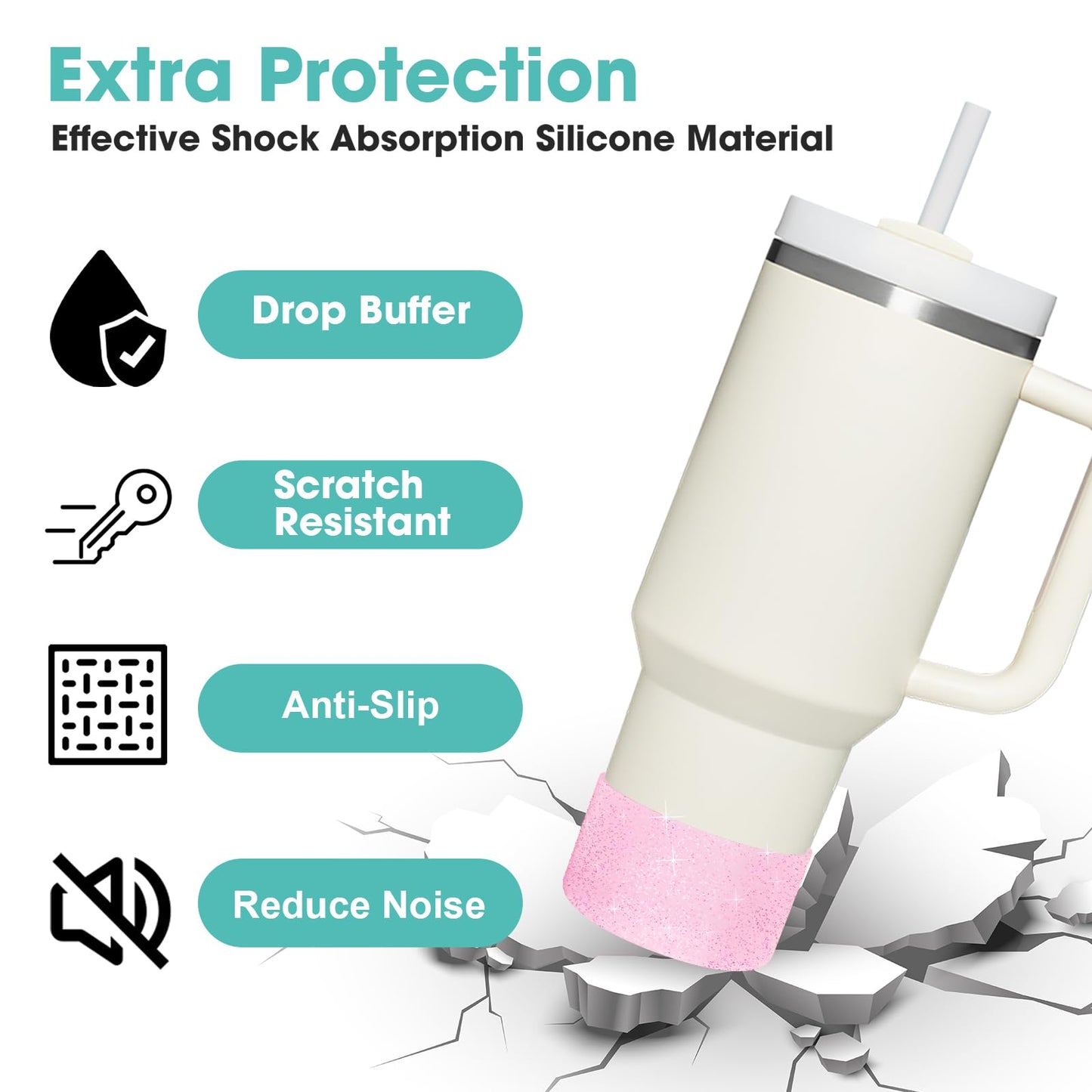 Upgrade 2PCS Protective Silicone Boot Bumper for Stanley Quencher Adventure 40oz 30oz IceFlow 20oz 30oz Tumbler, Water Bottle Bottom Sleeve Cover Accessories for Stanley Mug Cup(Glitter Pink)
