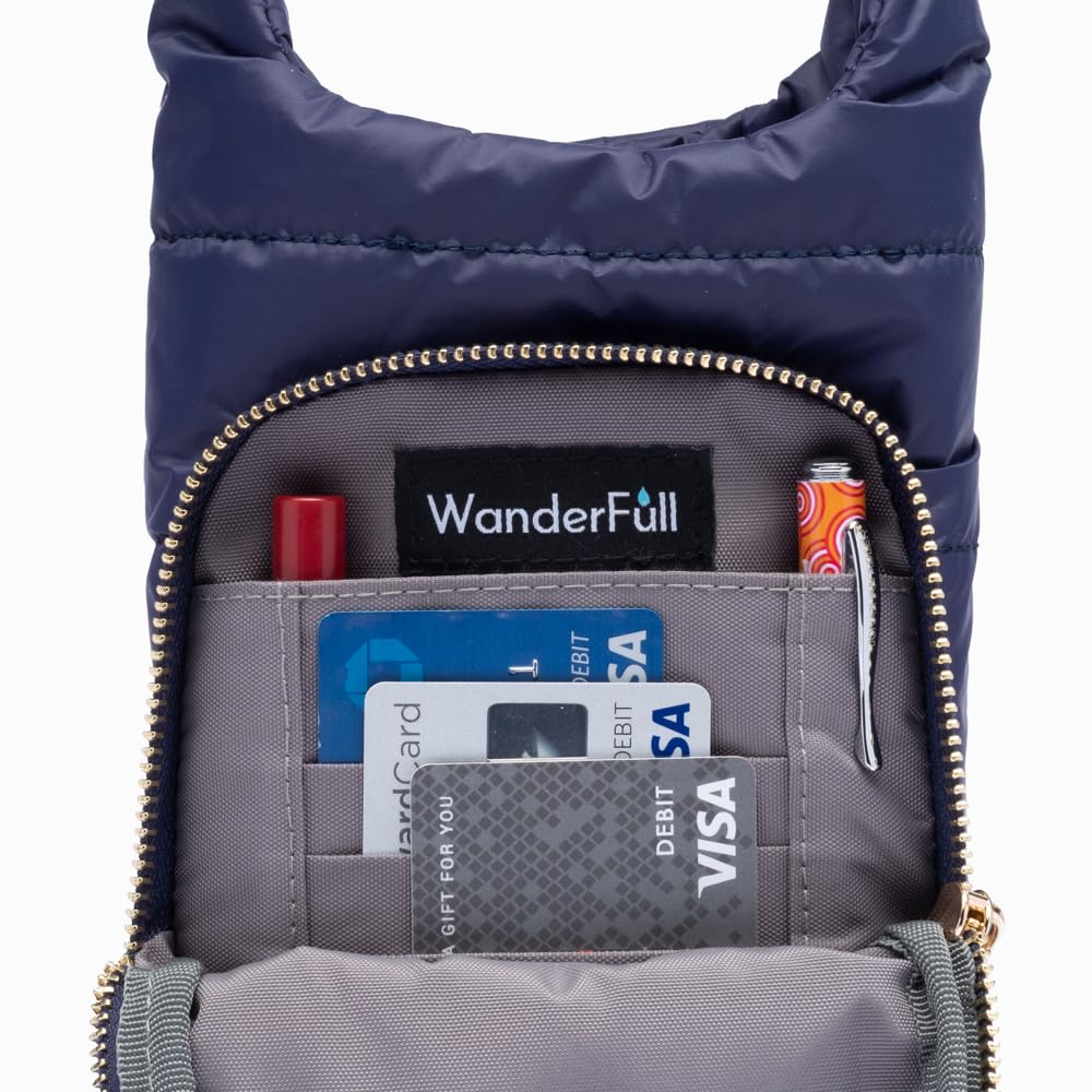 WanderFull Original Crossbody HydroBag | Quilted Water Bottle Carrier | Puffer Tote Tumbler Holder with Pockets for Purse, Phone & Accessories | Carry Travel Essentials (Navy/Patterned Strap)
