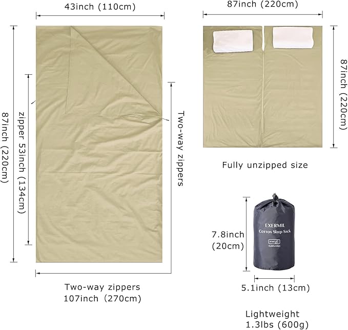 100% Cotton Sleeping Bag Liner with Full Length Zipper on 3 Sides; Single/Double Adult Sleep Sack for Travel & Camping, Multifunctional Travel Sheets (Unzipped 87”x87”) for Hotel, Lightweight