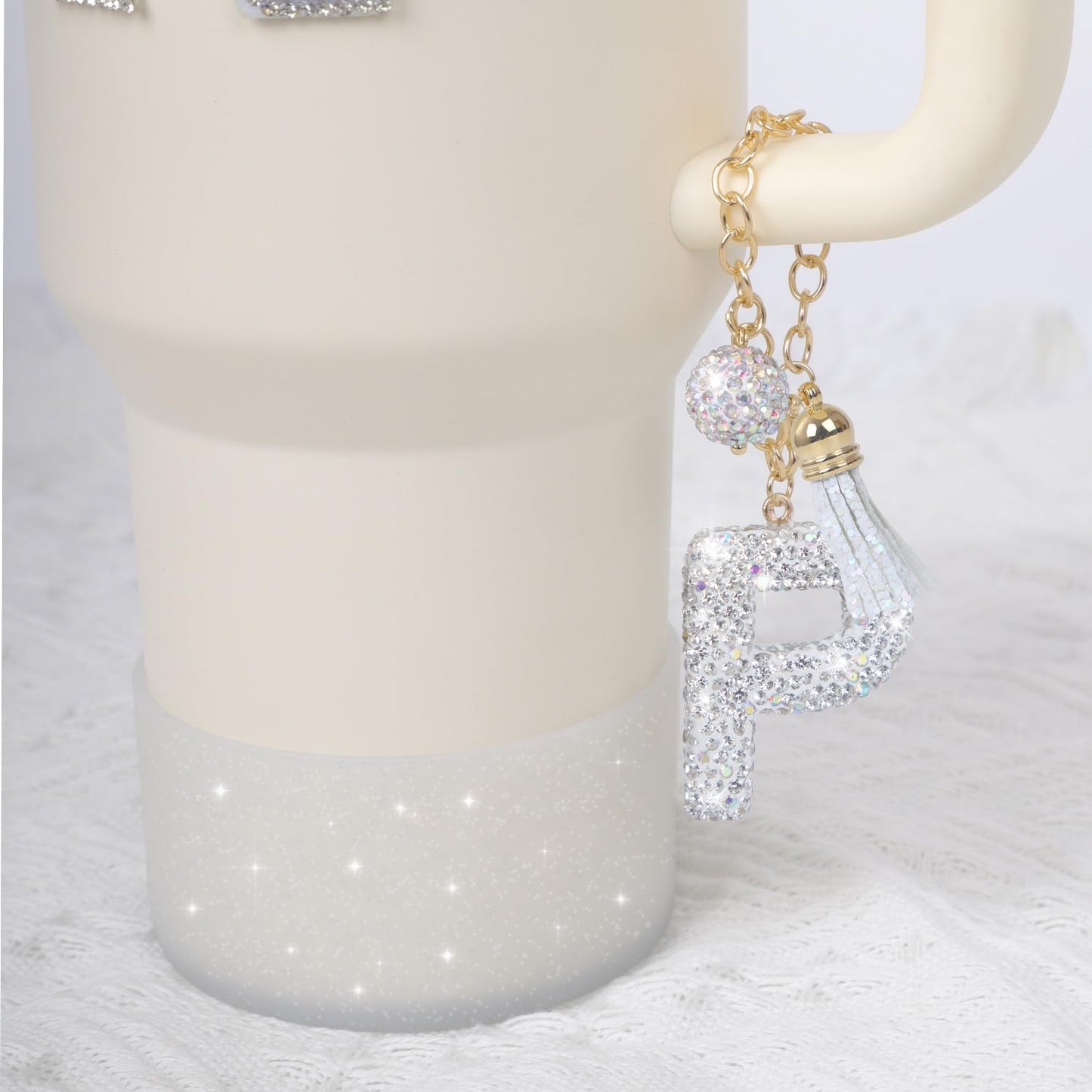 Letter Charms for Stanley Cup Handle,Silicone Boot Accessories Charms for Stanley Cup 40oz 30oz,Crown Straw Cover Topper & Diamond Sticker(P)