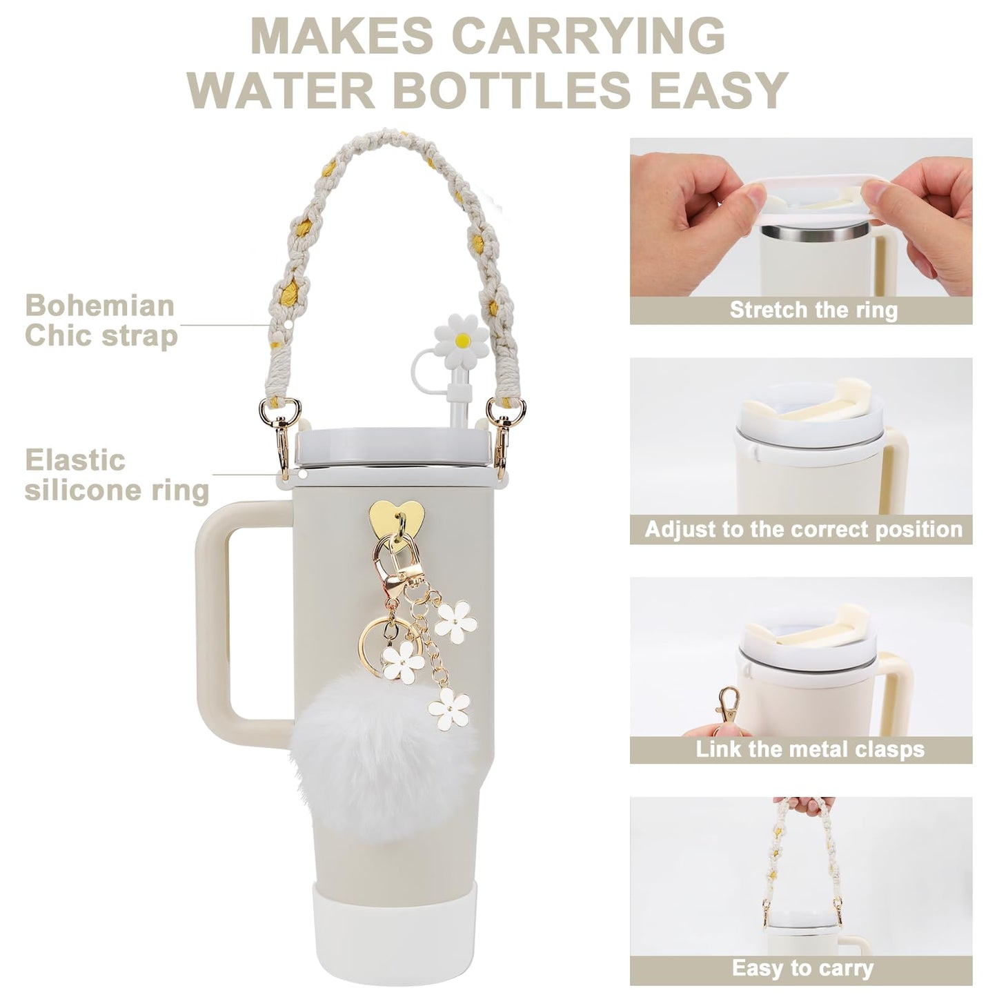 Stanley Cup Accessories Set Including 1 Pcs Water Bottle Handle Strap, 1 Pcs Siliocne Stanley Cup Boot, 1 Pcs Siliocne Straw Cover, 2 Pcs Stanley Charms for Stanley Cup 40oz & 30oz Tumbler (White)…