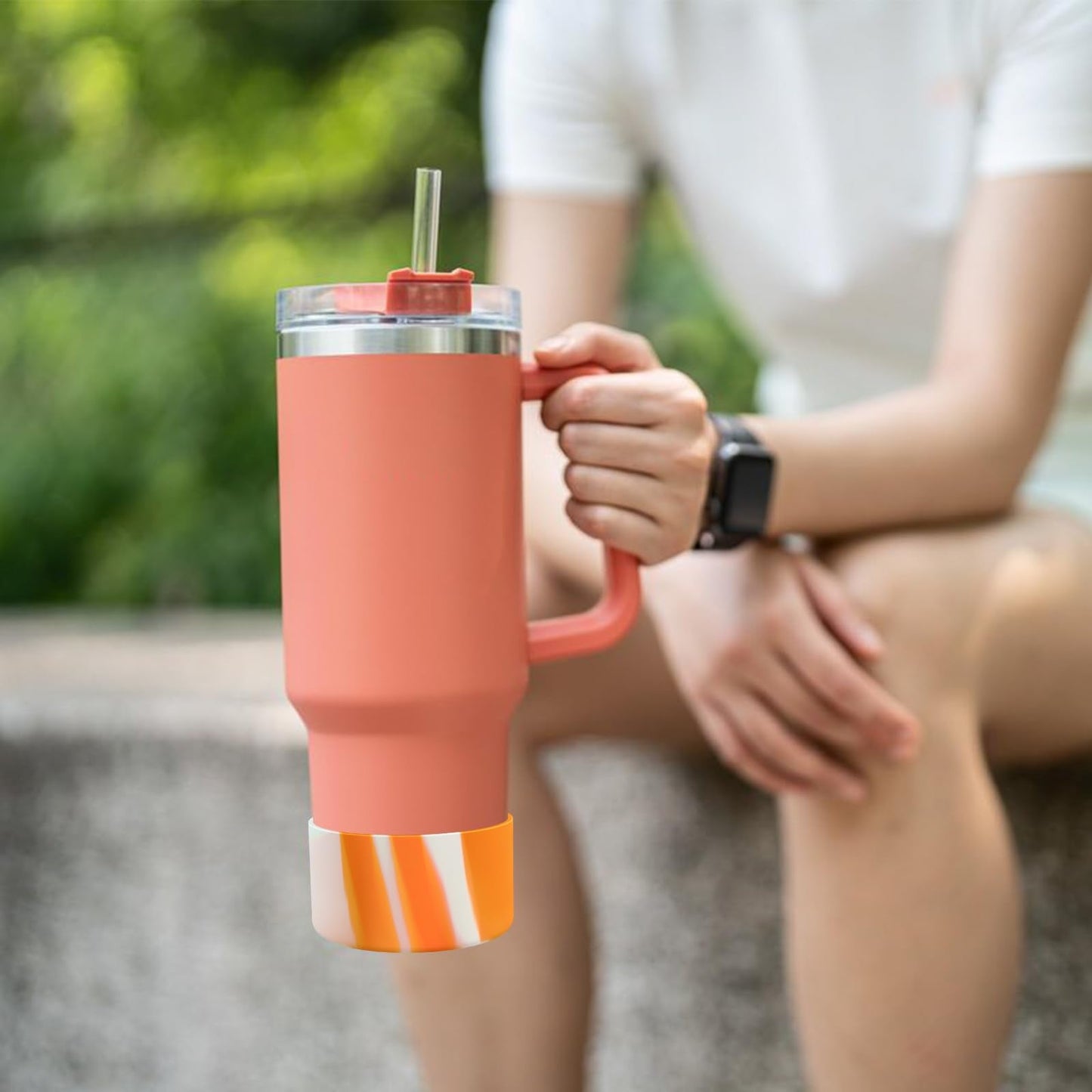 Upgrade 2PCS Protective Silicone Boot Bumper for Stanley Quencher Adventure 40oz 30oz IceFlow 20oz 30oz Tumbler, Water Bottle Bottom Sleeve Cover Accessories for Stanley Mug Cup(Orange+White)