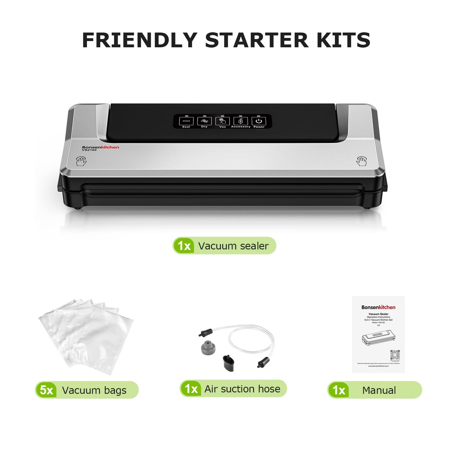 Bonsenkitchen Vacuum Sealer Machine, Fast-Compact Food Sealer, Globefish Technology for High-Speed Continuous Working, Multi-Functional Food Vacuum Sealer with 20 Vacuum Bags & 2 Roll Bags, Silver