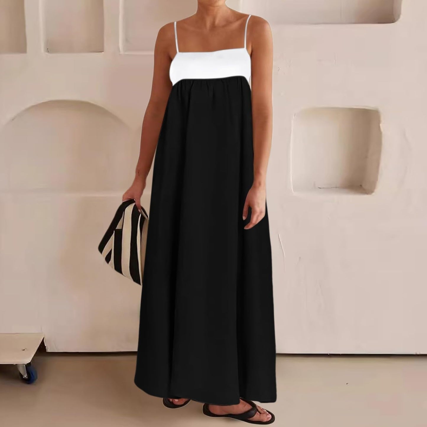 Maxi Summer Dress Womens Linen Maxi Dress Contrast Trim Spaghetti Straps Summer Outfits Travel Vacation Sleeveless Long Dresses Flowy Summer Dress for Women
