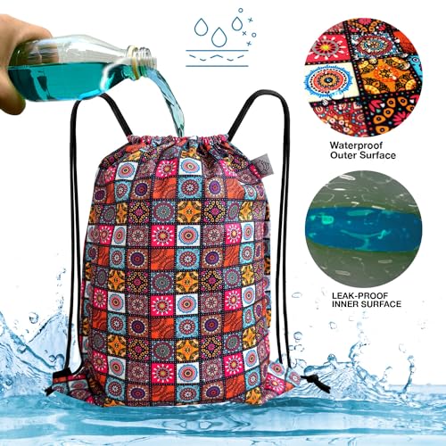 FLOCK THREE Leakproof Drawstring Backpack Sports Gym Bag Large Capacity With Pocket for Sports Gym Travel Swimming Beach (Flower01)