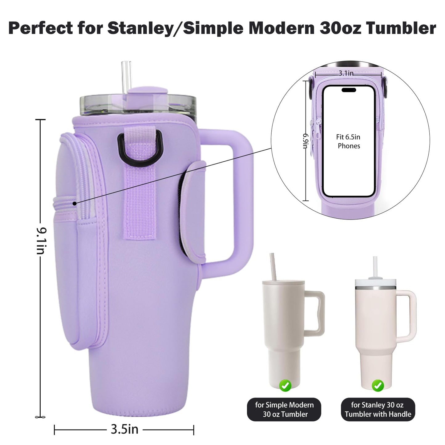 GOEWY Water Bottle Carrier Bag for Stanley 30oz Tumbler with Phone Pocket Water Bottle Holder with Strap Neoprene Water Bottle Pouch for Stanley Cup Accessories