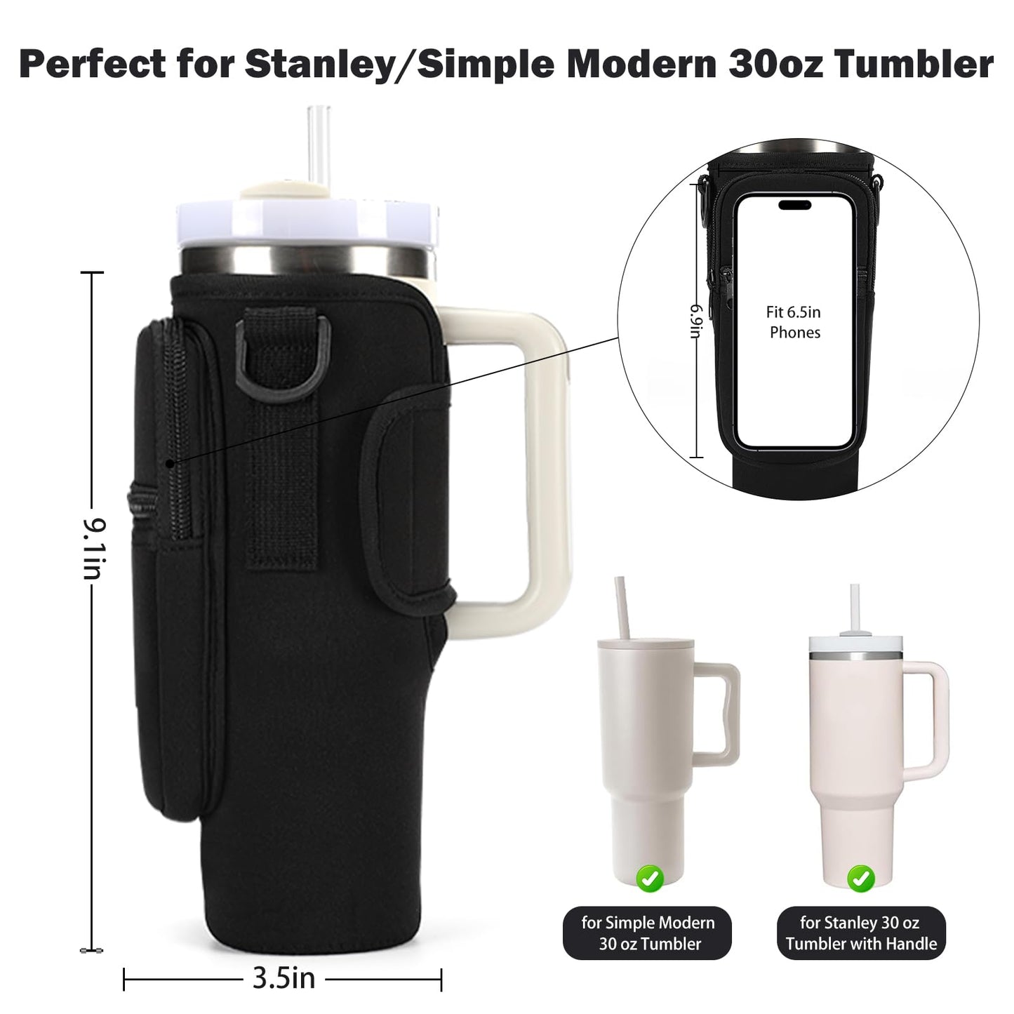 GOEWY Water Bottle Carrier Bag for Stanley 30oz Tumbler with Phone Pocket Water Bottle Holder with Strap Neoprene Water Bottle Pouch for Stanley Cup Accessories