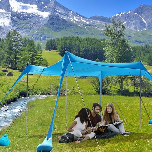 Beach Shade Tent,Beach Canopy,Beach Tent Sun Shelter | UPF50+ Pop Up Beach Tent,Beach Umbrella with 6 Sandbags and 4 Aluminum Poles, Beach Shade for Camping, Backyard Fun or Picnics (Blue10*10FT)